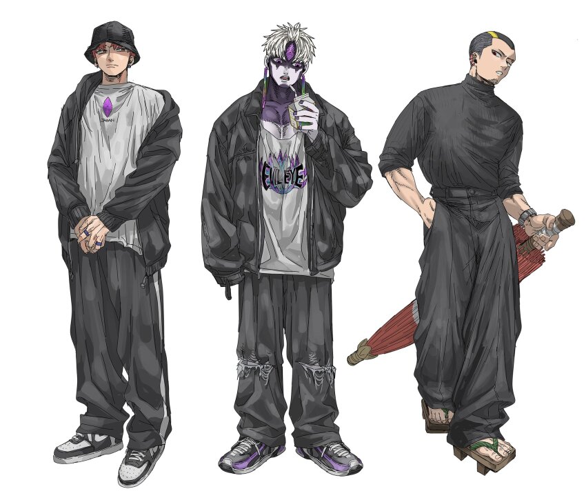 3boys alternate_costume baggy_pants black_hair black_hat black_jacket black_pants black_sweater closed_mouth dandadan dr.k_(doctorkodok) drinking_straw dual_persona earrings enjoji_jin evil_eye_(dandadan) full_body hand_in_pocket hat highres holding holding_umbrella jacket jewelry male_focus multiple_boys open_clothes open_jacket open_mouth pants parted_lips possessed red_hair ring sandals shirt shoes short_hair sneakers standing sweater third_eye turtleneck turtleneck_sweater umbrella very_short_hair white_background white_hair white_shirt zuma_unji