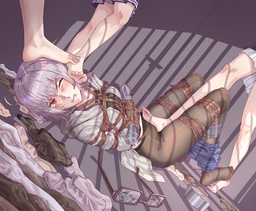 1boy 3girls absurdres ankle_cuffs barefoot bdsm black_pantyhose bondage bound bound_arms bound_legs cardigan clenched_teeth collarbone frilled_skirt frills glasses grey_hair highres leveen long_hair lying midriff_peek multiple_girls on_back one_eye_closed open_mouth original pantyhose pleated_skirt red_eyes restrained shibari shibari_over_clothes shirt shorts skirt soles stepped_on t-shirt tape teeth trap