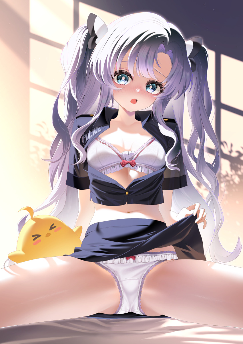 1girl aqua_eyes azur_lane black_shirt black_skirt blush bow bow_bra bow_panties bra breasts bright_pupils clothes_lift commentary_request crop_top cropped_shirt crotch_seam curtained_hair feet_out_of_frame frilled_bra frilled_panties frills garimayo highres indoors lifting_own_clothes long_hair looking_at_viewer medium_breasts midriff miniskirt navel nose_blush ognevoy_(azur_lane) open_clothes open_mouth open_shirt panties purple_hair raised_inner_eyebrows shirt short_sleeves sitting skirt skirt_lift solo spread_legs straight-on twintails underwear very_long_hair wavy_hair white_bra white_panties white_pupils window_shadow