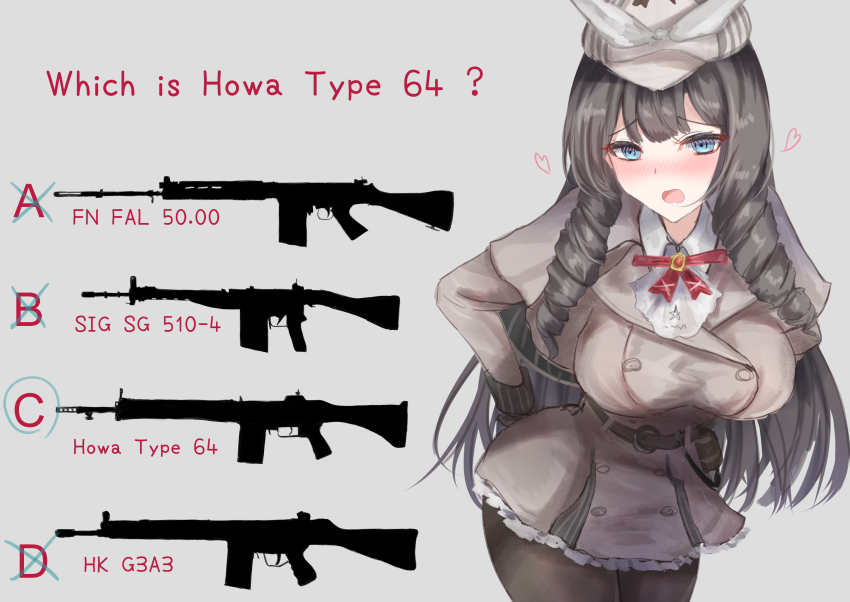 1girl absurdres ascot ass battle_rifle beige_coat belt belt_buckle blue_eyes blush bow bowtie breasts brooch brown_hair brown_pantyhose buckle newsboy_cap circled coat cowboy_shot crossed_out drill_hair drill_sidelocks english_text explosive eyelashes fn_fal girls&#039;_frontline gloves grenade grey_background gun h&amp;k_g3a3 hand_grenade hand_on_own_hip hat hat_bow heart highres howa_type_64 howa_type_64_(an_unsuitable_job_for_her)_(girls&#039;_frontline) howa_type_64_(girls&#039;_frontline) jewelry large_breasts leaning_forward less-than-lethal_weapon long_hair look-alike looking_at_viewer m18_smoke_grenade martinreaction nose_blush official_alternate_costume open_mouth pantyhose quiz rifle sidelocks sig_sg510 silhouette simple_background smoke_grenade solo strap trench_coat very_long_hair weapon white_bow white_hat