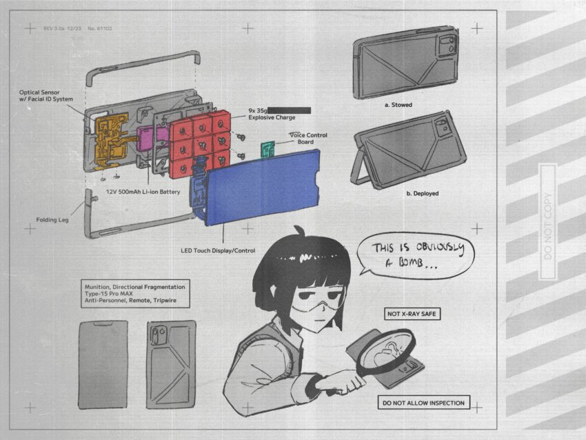 1girl absurdres ahoge battery blunt_bangs bomb cardigan censored censored_text circuit_board closed_mouth collared_shirt commentary english_commentary exploded_diagram explosive expressionless grey_background highres holding holding_magnifying_glass jitome long_sleeves magnifying_glass notfuji original paper_texture partially_colored safety_glasses screw shirt short_hair solo speech_bubble