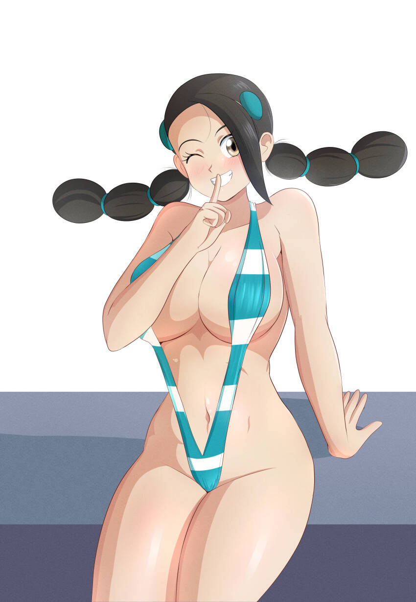 1girl absurdres black_hair blush breasts brown_eyes candice_(pokemon) dyndrawing highres large_breasts long_hair multi-tied_hair nintendo one-piece_swimsuit one_eye_closed pokemon pokemon_dppt swimsuit teeth