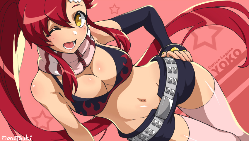 1girl ;d artist_name asymmetrical_gloves bare_shoulders belt bikini bikini_top_only black_bikini black_shorts blush breasts character_name cleavage commentary copyright_name cowboy_shot dutch_angle elbow_gloves fingerless_gloves flame_print gloves groin hair_between_eyes hair_ornament hand_on_own_hip highres large_breasts long_hair looking_at_viewer lower_teeth_only midriff monotsuki navel one_eye_closed open_mouth pink_thighhighs ponytail red_background red_hair scarf short_shorts shorts sidelocks single_elbow_glove smile solo standing star_(symbol) star_symbol_background studded_belt swimsuit teeth tengen_toppa_gurren_lagann thighhighs uneven_gloves yellow_eyes yoko_littner