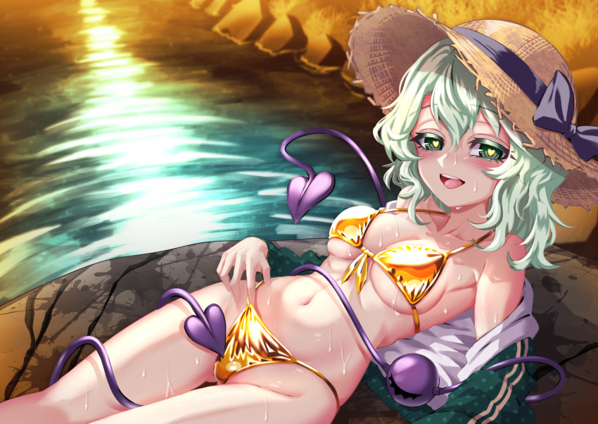 1girl bikini blush bow breasts collarbone commentary_request day golden_week golden_week_bikini green_eyes green_hair green_sweater hat hat_ribbon heart heart-shaped_pupils komeiji_koishi large_breasts looking_at_viewer navel nomayo open_mouth ribbon river riverbank rock short_hair smile solo straw_hat sweater swimsuit symbol-shaped_pupils teeth third_eye touhou upper_teeth_only wet yellow_bikini