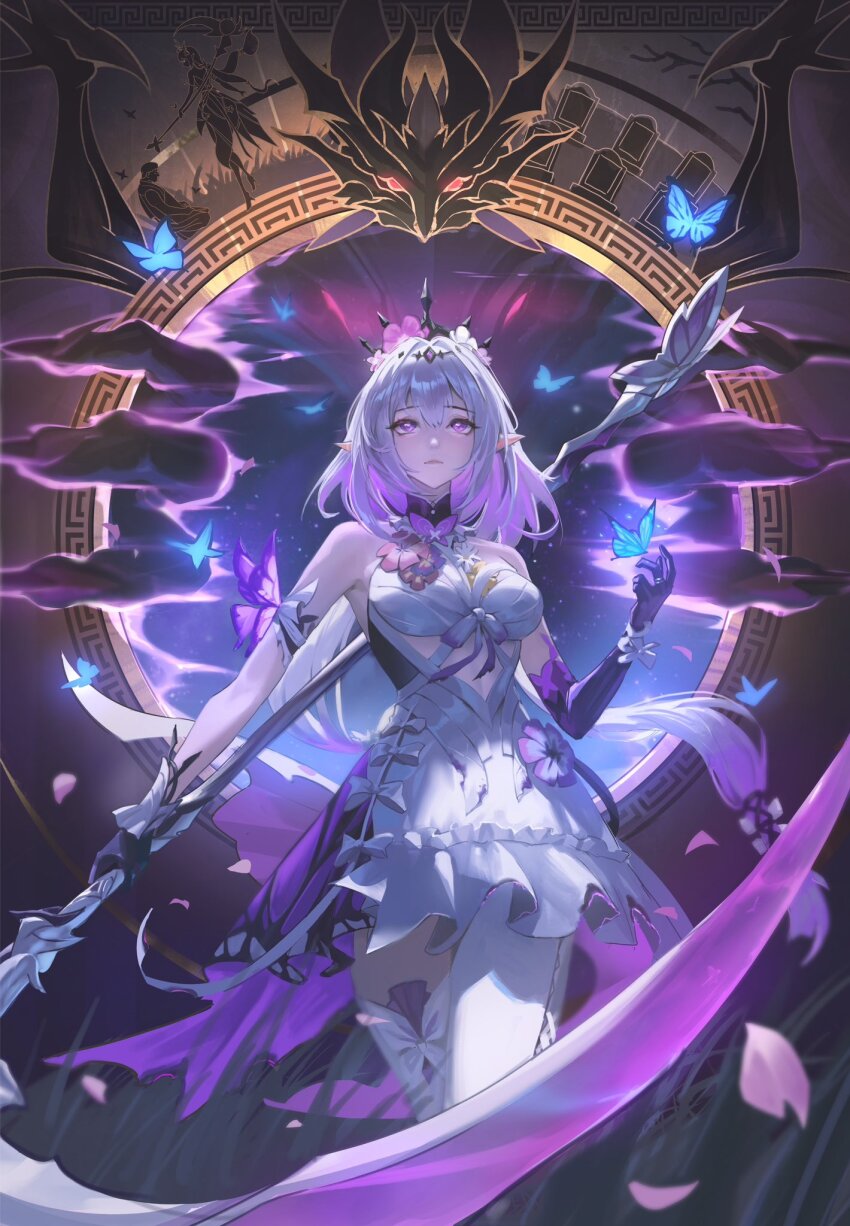 1girl bare_shoulders black_tiara blue_butterfly breasts bug butterfly castorice_(honkai:_star_rail) closed_mouth commentary dress elbow_gloves english_commentary flower gloves hair_flower hair_ornament hand_up highres holding holding_scythe holding_weapon honkai:_star_rail honkai_(series) insect large_breasts leggings long_hair looking_ahead netherwing_(honkai:_star_rail) pink_flower pointy_ears purple_eyes purple_gloves purple_hair raikoart scythe single_elbow_glove single_thighhigh solo thighhighs tiara very_long_hair weapon white_dress white_leggings white_thighhighs