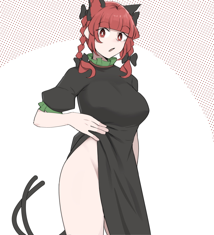 absurdres animal_ears black_bow black_dress bow braid breasts cat_ears cowboy_shot dress frilled_dress frills hand_on_own_stomach highres kaenbyou_rin legs looking_at_viewer mata_(matasoup) medium_breasts no_panties red_eyes red_hair short_sleeves side_slit solo thighs touhou twin_braids white_background