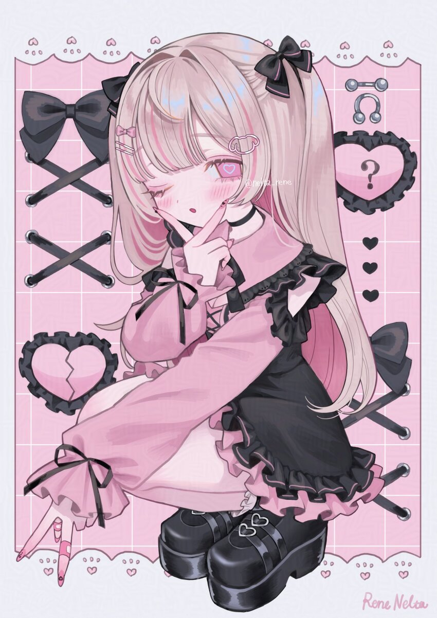 1girl :o artist_name bandaid bandaid_on_finger black_shoes black_skirt blunt_bangs brown_hair buckle choker collared_shirt colored_inner_hair commentary commission eyelashes frilled_skirt frills full_body hair_intakes hair_ornament hair_ribbon hairpin heart heart-shaped_buckle heart-shaped_pupils high-waist_skirt highres jirai_kei long_hair long_sleeves looking_at_viewer multicolored_hair nail_polish nelta_rene one_eye_closed original pink_eyes pink_hair pink_shirt platform_shoes ribbon shirt shoes skeb_commission skirt sleeves_past_wrists socks solo squatting streaked_hair symbol-shaped_pupils twitter_username two-tone_hair two_side_up v v_over_mouth
