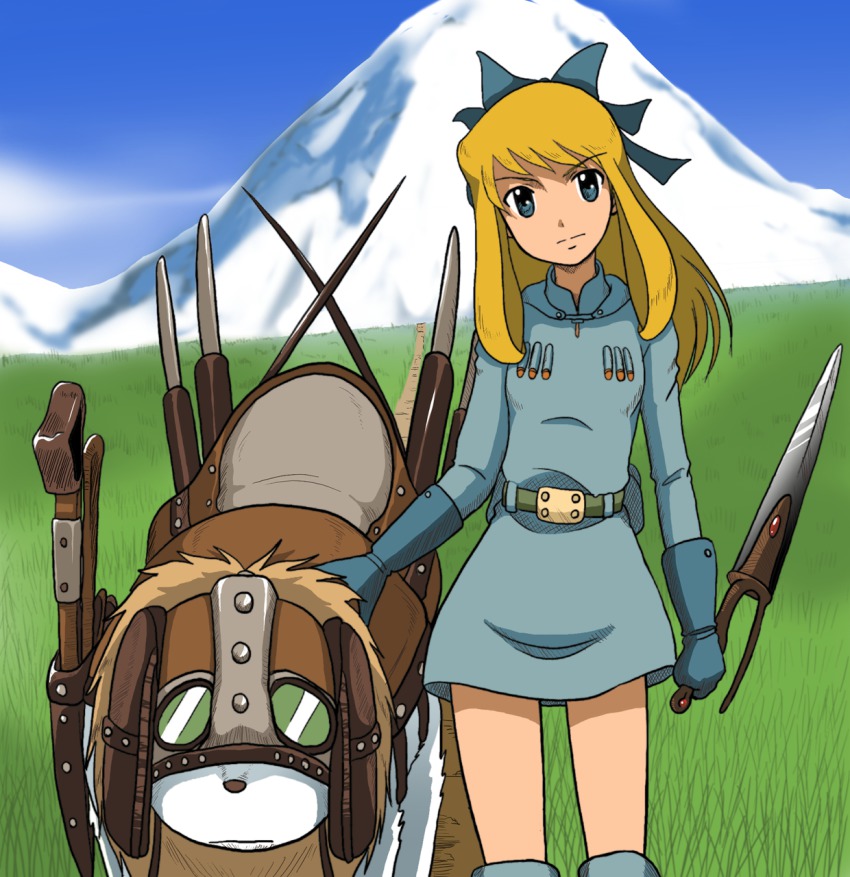1970s_(style) 1980s_(style) 1girl alps_no_shoujo_heidi blonde_hair blue_eyes blue_gloves cloud cosplay dog facing_viewer gloves grass hair_ribbon head_tilt highres joseph_(alps_no_shoujo_heidi) joseph_(heidi) kaze_no_tani_no_nausicaa klara_sesemann knife long_hair looking_at_viewer mountain nausicaa nausicaa_(cosplay) oldschool outdoors parody retro_artstyle ribbon sky st_bernard sword takaya_n weapon world_masterpiece_theater