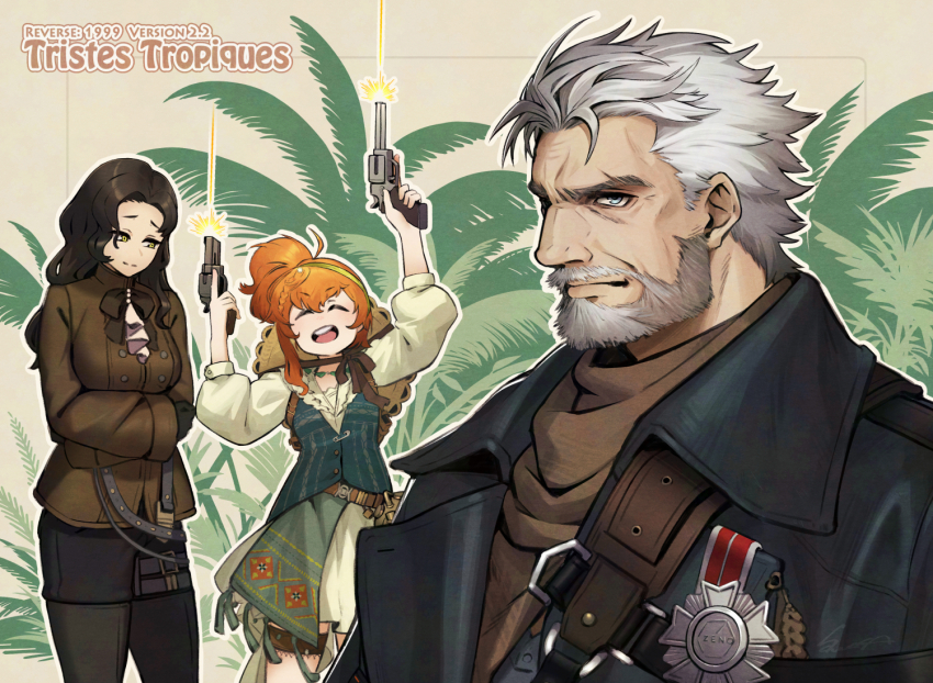 1boy 2girls ^_^ arm_under_breasts arms_up ascot badge beard black_boots black_bow black_bowtie black_coat black_gloves black_hair black_pants blue_vest boots bow bowtie brown_background brown_jacket brown_scarf closed_eyes coat dual_wielding english_text facial_hair firing french_text gloves green_eyes green_hairband gun hairband handgun hat hat_on_back holding holster igor_(reverse:1999) jacket long_hair looking_at_another lopera_(reverse:1999) mature_male medium_hair moldir_(reverse:1999) multiple_girls mustache old old_man open_mouth orange_hair palm_tree pants reverse:1999 revolver safety_pin sawasa scarf shirt shoulder_holster siblings side_ponytail sisters skirt smile step-siblings straw_hat teeth thigh_boots tree upper_teeth_only vest weapon white_ascot white_hair white_shirt white_skirt