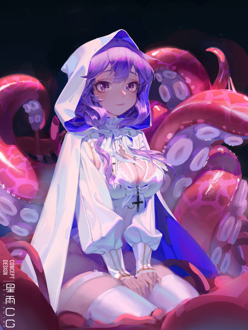 1girl absurdres artist_name black_background bow breasts cape cleavage cleavage_cutout clothing_cutout cross cross_necklace frills highres hood jewelry large_breasts latin_cross long_hair long_sleeves necklace original purple_eyes purple_hair starlab tentacles thighhighs two-sided_cape two-sided_fabric white_cape