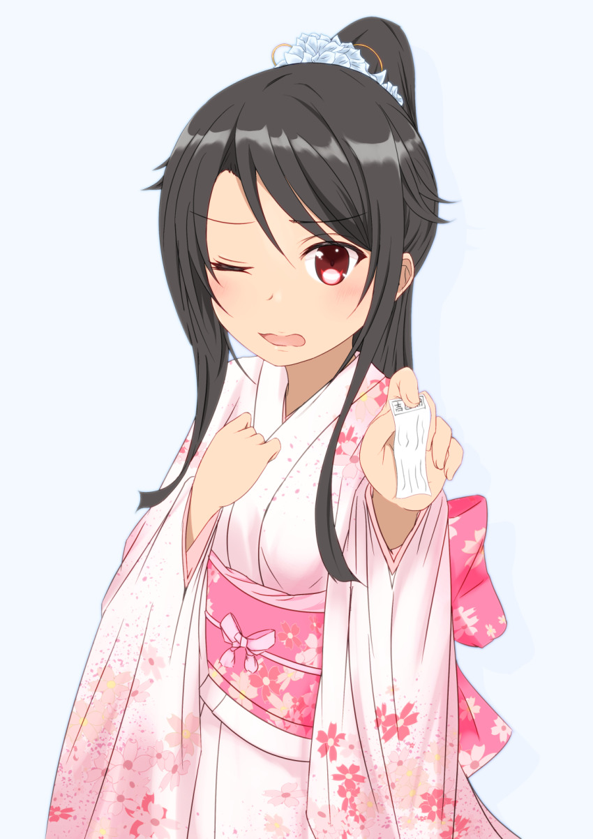 1girl akatsuki_akira_(tukasaya01) alternate_costume black_hair commentary_request cowboy_shot floral_print furisode high_school_fleet highres holding holding_paper japanese_clothes kimono long_hair looking_at_viewer munetani_mashiro omikuji paper ponytail red_eyes simple_background solo white_background white_kimono