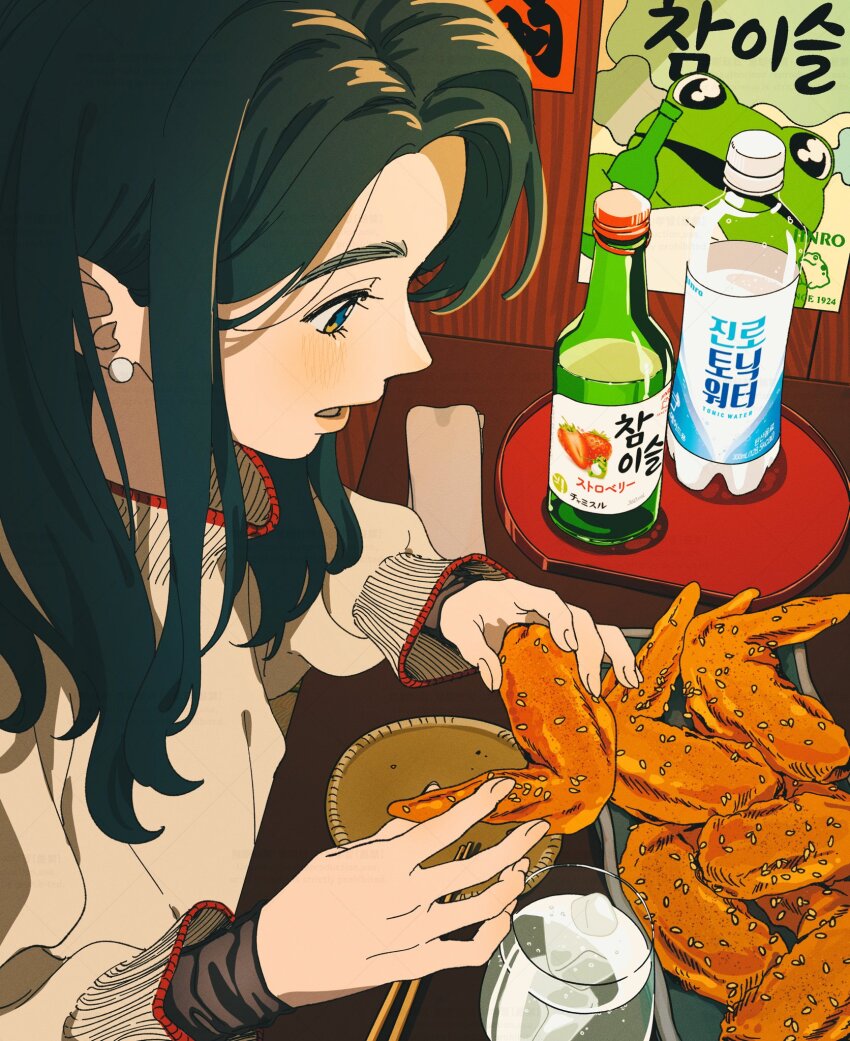 1girl alcohol all_nobori black_hair blush bottle brown_shirt brown_sweater chicken_(food) chicken_wing chopsticks cup earrings food fried_chicken highres ice jewelry korean_text long_hair long_sleeves napkin open_mouth original pearl_earrings plate poster_(object) shirt slice_of_life soju solo sweater table