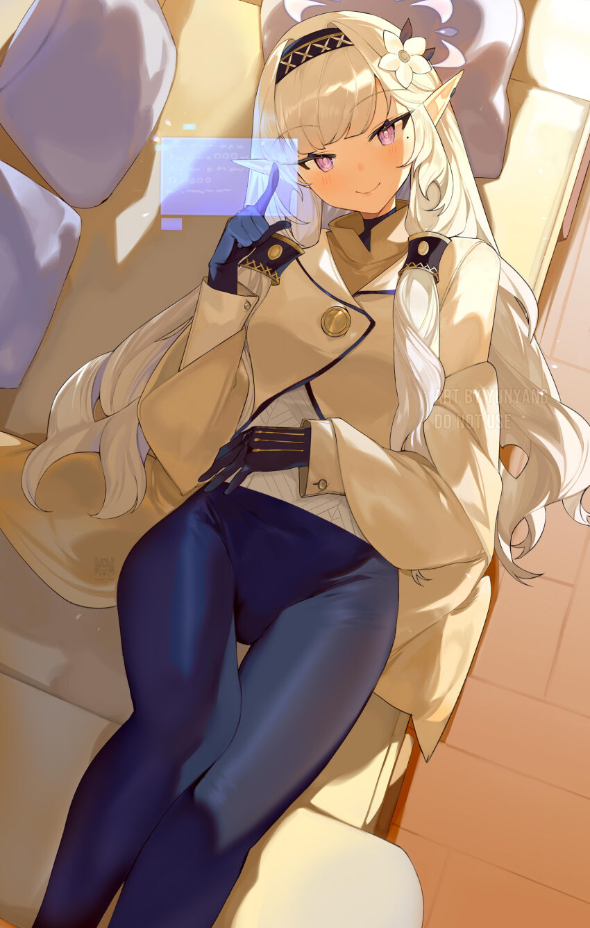 1girl absurdres artist_name black_gloves black_hairband blue_archive blue_pantyhose blush closed_mouth couch feet_out_of_frame flower from_above gloves hair_flower hair_ornament hair_tubes hairband halo hand_on_own_stomach highres himari_(blue_archive) holographic_interface holographic_touchscreen long_hair looking_at_viewer lying mole mole_under_eye on_back on_couch pantyhose pillow pointy_ears purple_eyes smile solo very_long_hair watermark white_hair yun-yang