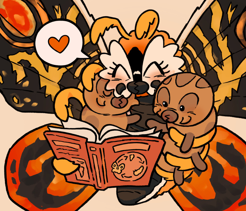 3others animal animal_focus black_eyes book bug closed_eyes closed_mouth commentary happy heart highres insect kaiju larva moth mother_and_child mothra mothra_(series) mothra_vs._godzilla multiple_others no_humans parent_and_child quazieart reading siblings symbol-only_commentary toho twins wings