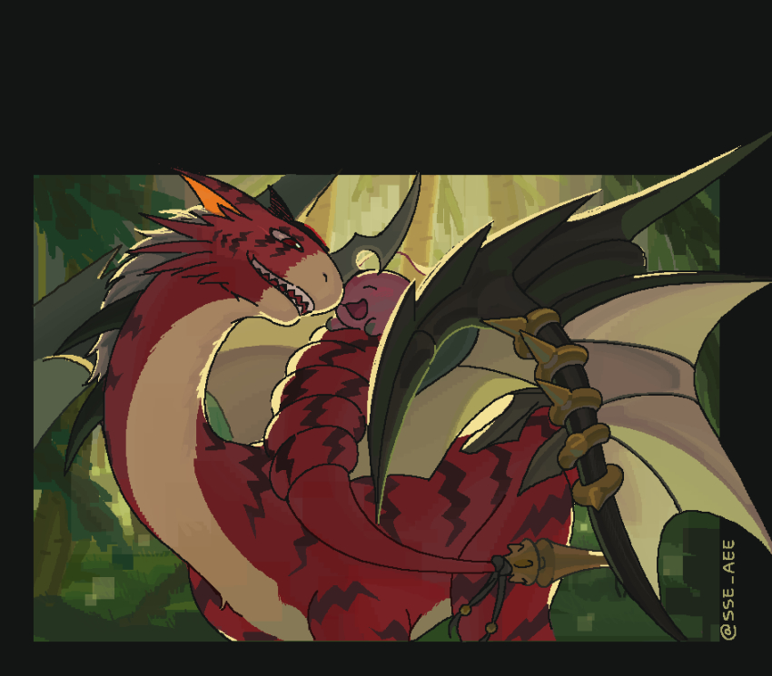 all_fours black_wings body_fur closed_eyes digimon digimon_(creature) digital_monster_x-evolution doruguremon dragon forehead_jewel highres looking_at_another red_eyes red_fur sharp_teeth sse_aee teeth tokomon tokomon_x-antibody twitter_username wings