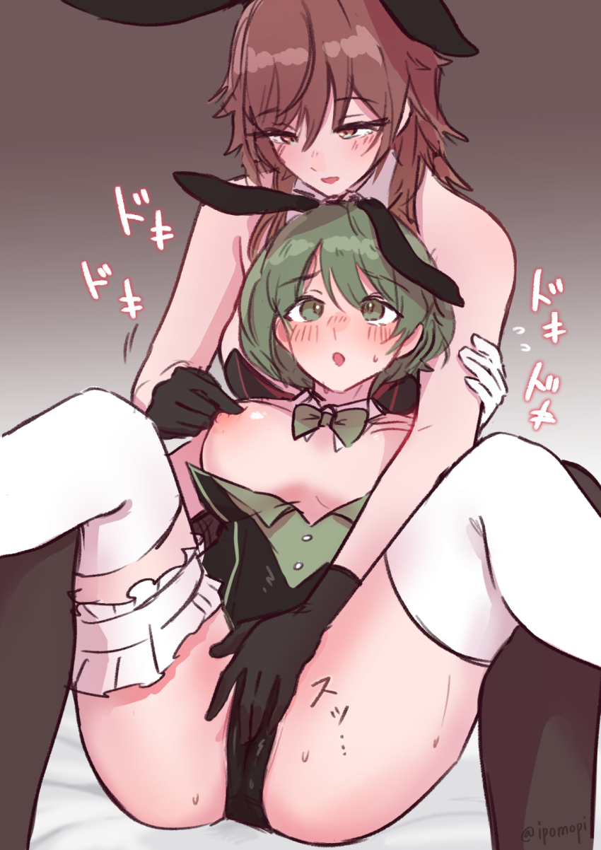 2girls aketa_mikoto animal_ear_hairband animal_ears bare_arms black_gloves black_leotard breasts breasts_out brown_background brown_hair fake_animal_ears gloves gradient_background green_eyes green_hair hairband highres idolmaster idolmaster_shiny_colors ipomopi large_breasts leotard long_hair multiple_girls nanakusa_nichika nipples playboy_bunny rabbit_ears red_eyes spread_legs strapless strapless_leotard sweat thigh_strap thighhighs translation_request white_background white_gloves white_thighhighs yuri