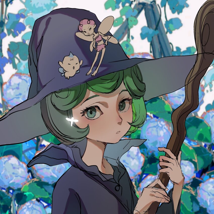 1boy 2girls berserk buttons evarella_(berserk) green_eyes green_hair hat highres holding holding_staff looking_at_viewer multiple_girls nature outdoors popped_collar puck_(berserk) schierke_(berserk) short_hair sketch staff standing standing_on_another&#039;s_head tang20040505 witch witch_hat wooden_staff