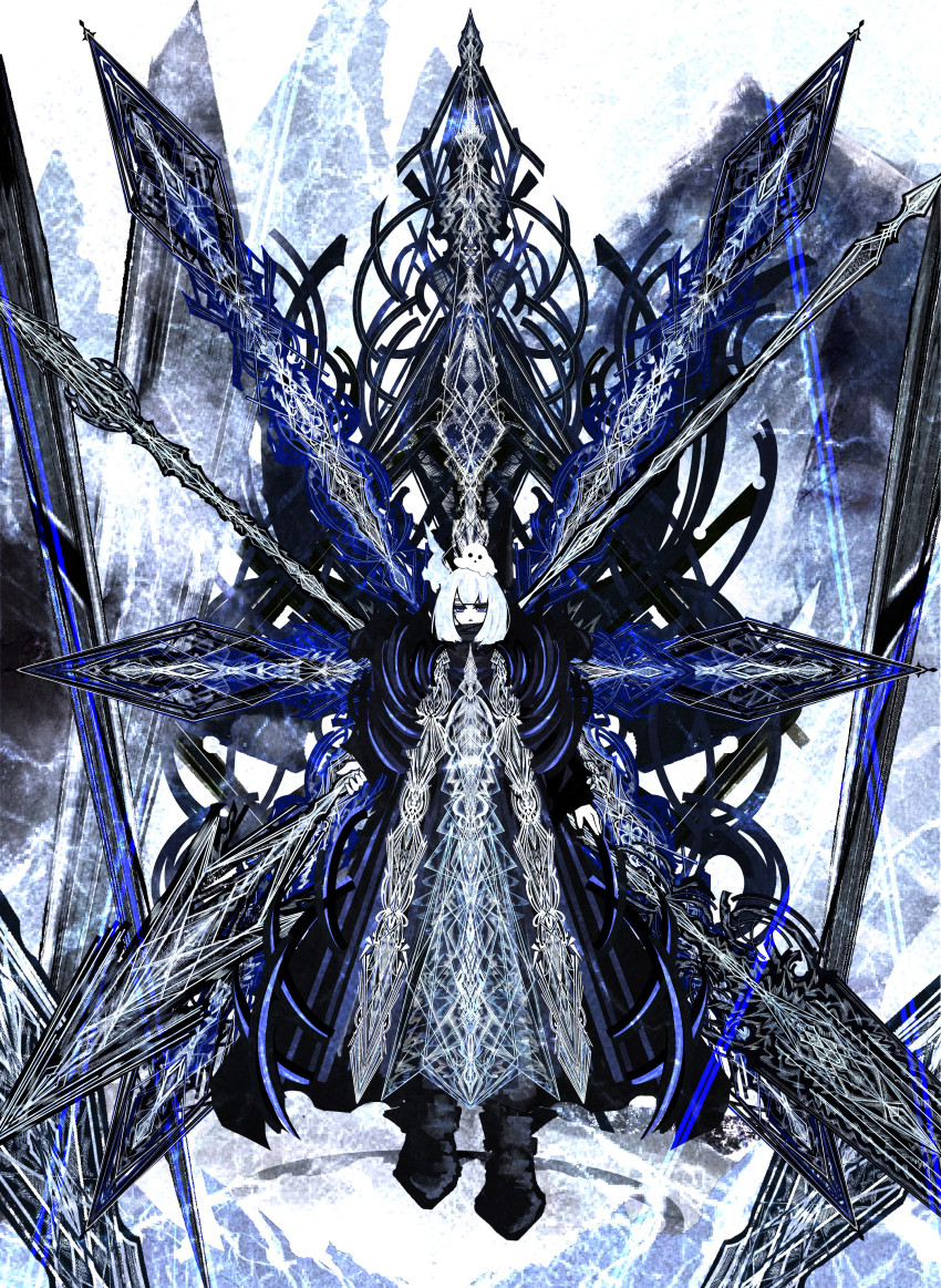 1girl absurdres animal animal_on_head blue_eyes expressionless full_body highres holding holding_weapon horns huge_weapon ice_horns looking_at_viewer medium_hair on_head original riz_kira single_horn solo tabard weapon