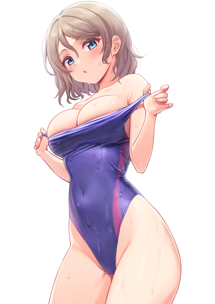 1girl :o absurdres blue_eyes blue_one-piece_swimsuit breasts brown_hair clothes_pull colored_eyelashes competition_swimsuit covered_navel cowboy_shot deadnooodles from_side groin highleg highleg_one-piece_swimsuit highres large_breasts legs_together looking_at_viewer love_live! love_live!_sunshine!! narrow_waist one-piece_swimsuit one-piece_swimsuit_pull open_mouth paid_reward pulling_own_clothes short_hair simple_background solo standing swept_bangs swimsuit thighs watanabe_you wavy_hair wet wet_clothes wet_hair wet_swimsuit white_background