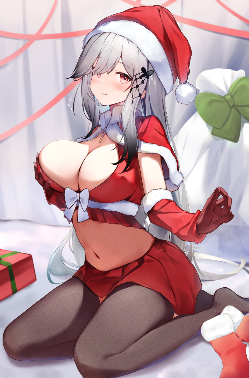 1girl absurdres alternate_costume azur_lane blush box breasts capelet christmas cleavage commentary commission crop_top detached_sleeves dunkerque_(azur_lane) flying_sweatdrops fur-trimmed_capelet fur_trim gift gift_box gloves grabbing_own_breast gradient_hair grey_hair grey_pantyhose hair_over_one_eye hat highres large_breasts light_smile long_hair looking_at_viewer midriff miniskirt multicolored_hair navel pantyhose parted_lips red_capelet red_gloves red_skirt santa_hat sitting skeb_commission skirt solo yamada_auto