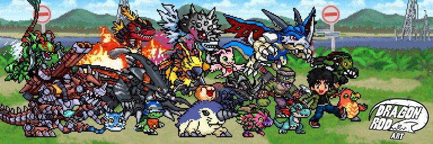 aerov-dramon beak digimon digimon_(creature) dinohumon dinomon dracomon drimogemon fire flymon grankuwagamon greymon_(digimon_xros_wars) highres kamemon marinangemon muchomon open_mouth pomumon pukumon rusttyranomon sharp_teeth smile snimon spikes sprite_art stingmon teeth tunomon wanyamon wings
