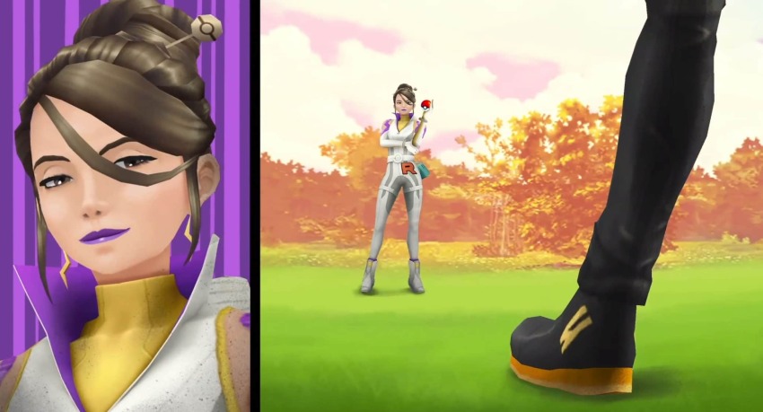1boy 1girl bag bare_shoulders belt bodysuit boots brown_eyes brown_hair close-up crossed_arms evil_grin evil_smile eyeshadow full-length_zipper gloves grin hair_bun hair_ornament hairpin highres leg_only long_sleeves makeup nintendo pants poke_ball pokemon pokemon_go purple_lips sierra_(pokemon) single_hair_bun skin_tight smile solo spark_(pokemon) standing team_go_rocket team_rocket white_belt white_bodysuit white_boots zipper zipper_pull_tab