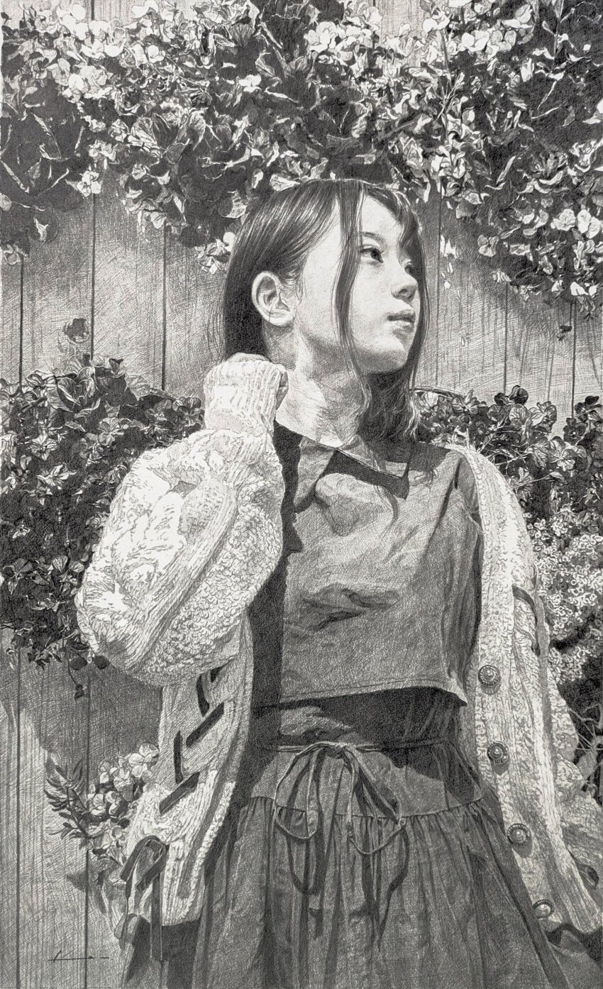1girl absurdres commentary fence graphite_(medium) greyscale highres jacket long_sleeves looking_to_the_side monochrome naohiro_ito original realistic skirt sleeves_past_wrists solo traditional_media upper_body