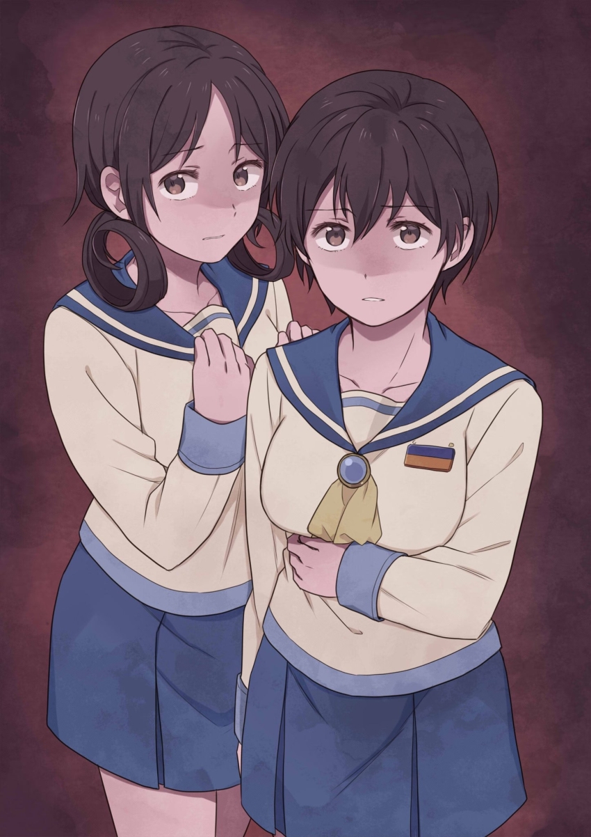 2girls ascot brooch brown_eyes brown_hair corpse_party curly_hair frown hair_rings hand_on_another&#039;s_shoulder hand_on_own_chest highres jewelry jyouwan kisaragi_academy_school_uniform long_sleeves multiple_girls nakashima_naomi parted_lips pleated_skirt school_uniform serafuku shaded_face shinohara_seiko short_hair skirt