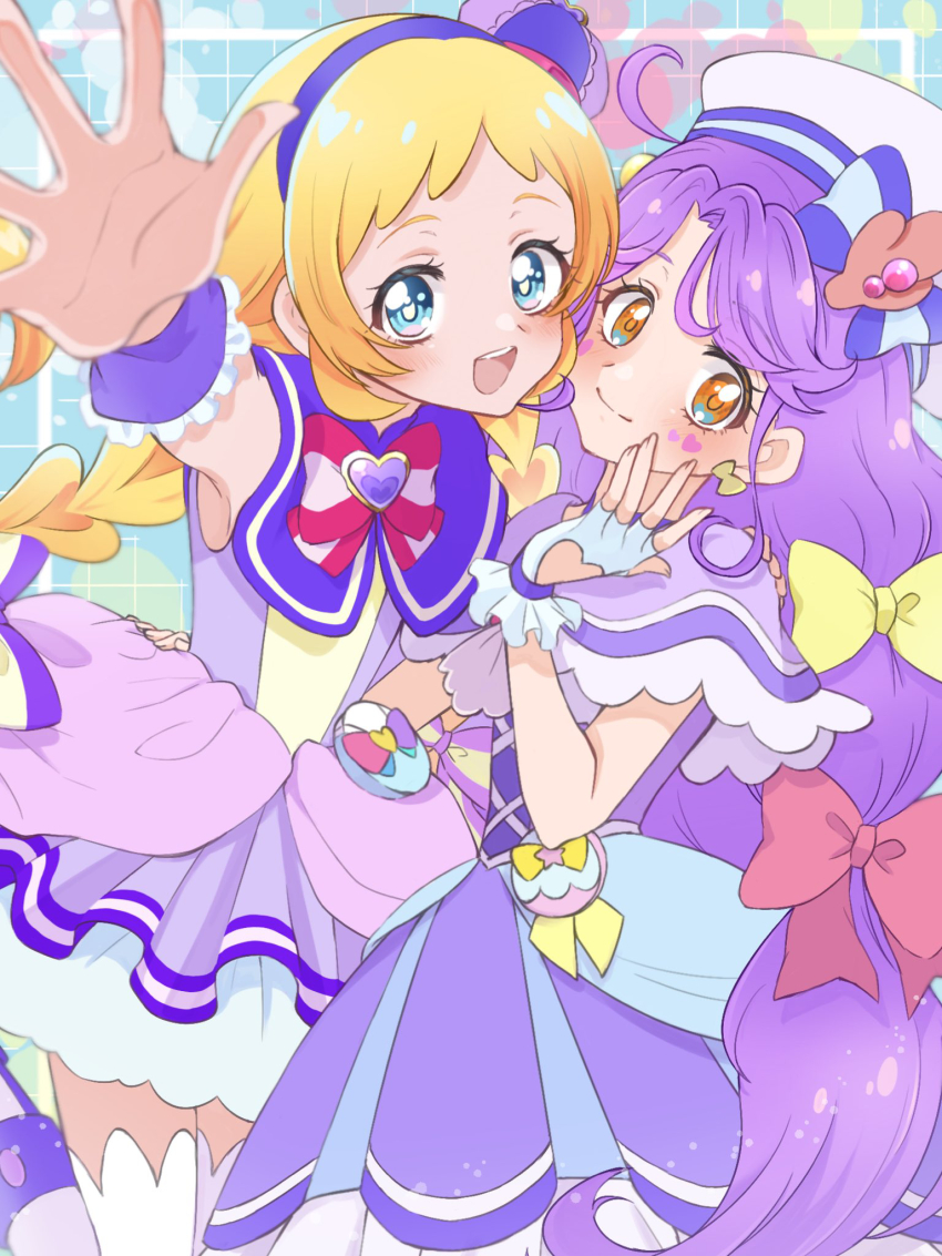 2girls ahoge blonde_hair blue_eyes blush boots bow bow_earrings bowtie braid brooch capelet closed_mouth clothing_cutout cure_coral cure_friendy dress earrings gloves hair_bow hairband hat heart heart_brooch heart_cutout highres inukai_iroha jewelry long_hair low_twin_braids magical_girl multiple_girls open_mouth orange_eyes peaked_cap pink_bow pink_bowtie precure purple_boots purple_capelet purple_dress purple_hair purple_hairband purple_hat red_bow sailor_hat shigen_pr sleeveless sleeveless_dress suzumura_sango thighhighs tropical-rouge!_precure twin_braids white_gloves white_hat white_thighhighs wonderful_precure! wrist_cuffs yellow_bow