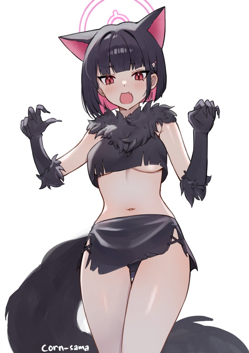 1girl animal_ears black_claws blue_archive cat_ears colored_inner_animal_ears colored_inner_hair fake_claws fur-trimmed_gloves fur_scarf fur_sleeves fur_trim gloves halloween_costume halo highres iffyru kazusa_(blue_archive) kazusa_(halloween)_(blue_archive) multicolored_hair pink_halo solo werewolf_costume