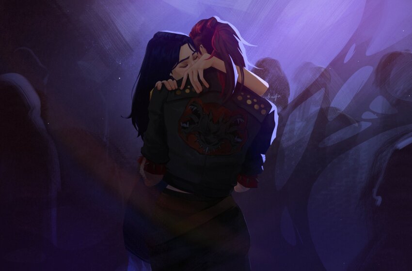 2girls arcane:_league_of_legends arcane_caitlyn arcane_vi arm_around_neck artist_name belt black_jacket black_pants blue_hair blue_skirt caitlyn_(league_of_legends) closed_eyes commentary ear_piercing english_commentary highres jacket kaifu_ato league_of_legends long_hair multiple_belts multiple_girls pants piercing purple_background red_hair short_sleeves skirt undercut vi_(league_of_legends) yuri