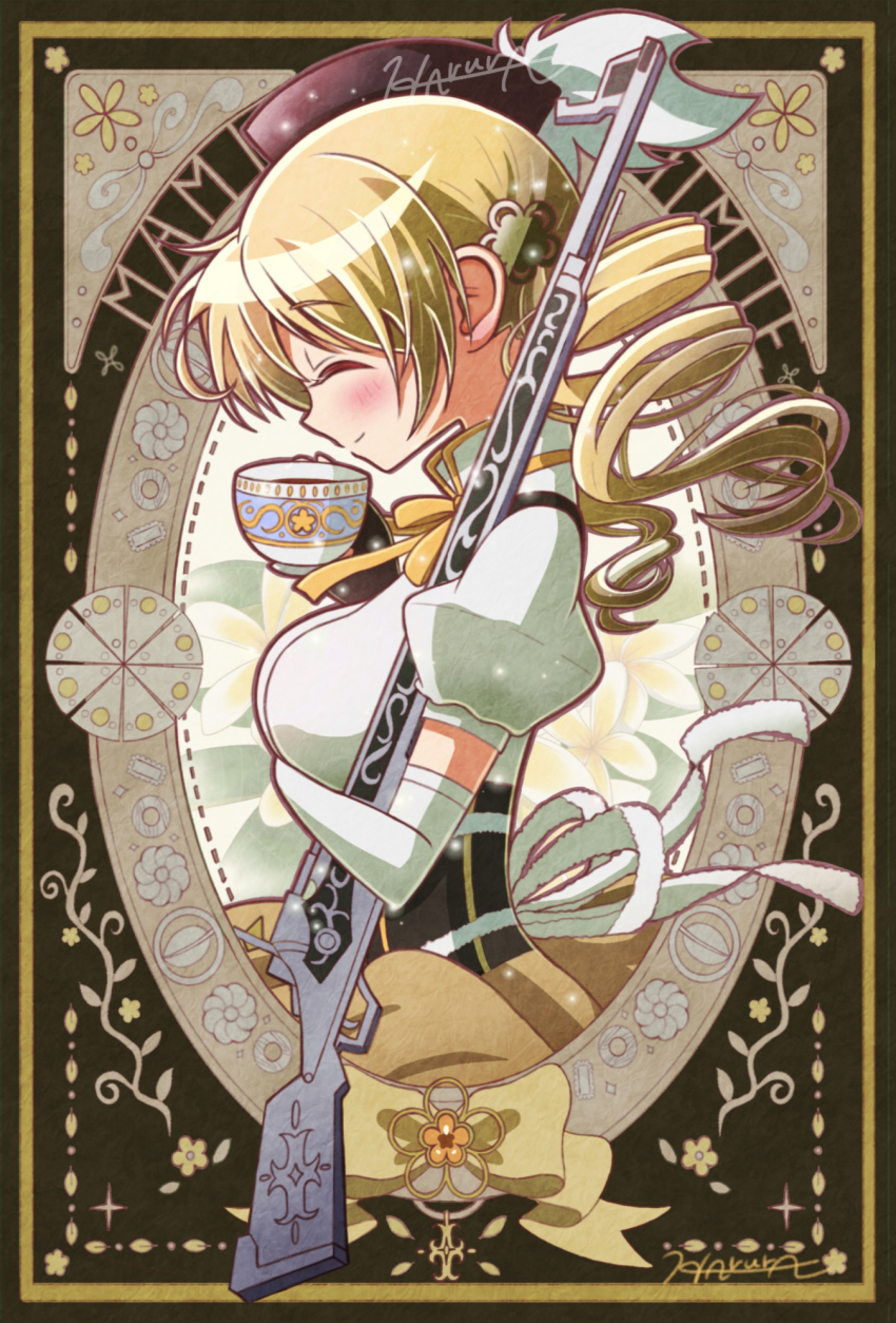 1girl arm_under_breasts art_nouveau artist_name blush bow breasts brown_pants character_name closed_eyes closed_mouth commentary_request cup drill_hair drink flower gun hair_flower hair_ornament highres holding holding_cup holding_weapon large_breasts long_hair magical_girl mahou_shoujo_madoka_magica mahou_shoujo_madoka_magica_(anime) pants rifle shirt signature smile solo tomoe_mami tomoe_mami_(magical_girl) twin_drills weapon white_shirt yae_harura yellow_bow yellow_flower