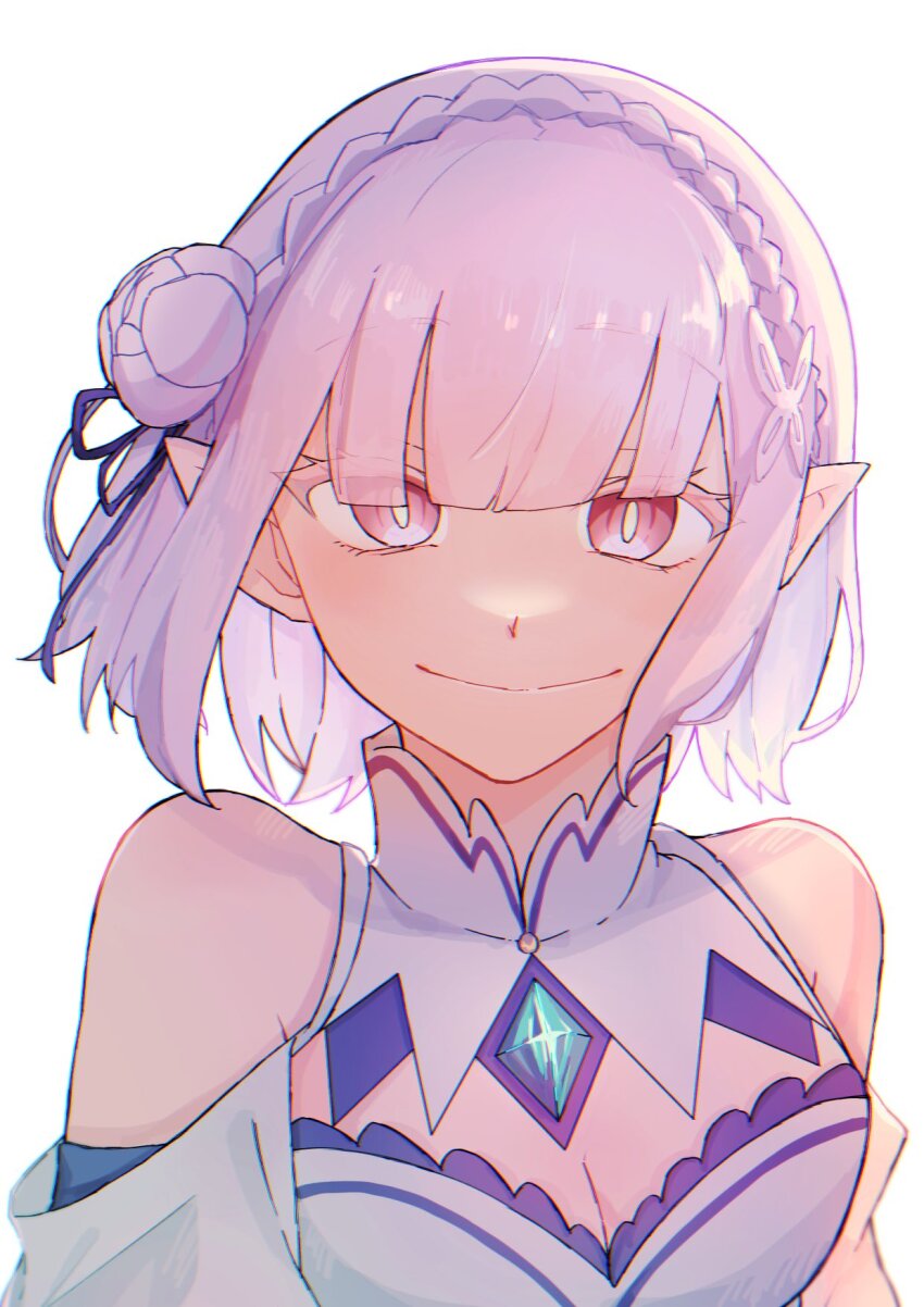 1918tukune 1girl alternate_hairstyle bare_shoulders blunt_bangs braid breasts cleavage closed_mouth crown_braid dress elf emilia_(re:zero) flower hair_flower hair_ornament hair_ribbon highres looking_at_viewer off-shoulder_dress off_shoulder pointy_ears purple_eyes purple_hair re:zero_kara_hajimeru_isekai_seikatsu ribbon short_hair simple_background smile solo upper_body white_background white_dress white_flower x_hair_ornament