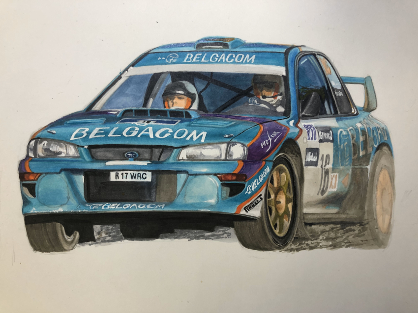 2boys absurdres aqua_car car gloves helmet highres holding motor_vehicle mud multiple_boys painting_(medium) product_placement race_vehicle racecar racing rally_car recaro simple_background splatter spoiler_(automobile) subaru_(brand) subaru_impreza subaru_wrx traditional_media vehicle_focus watercolor_(medium) white_background world_rally_championship
