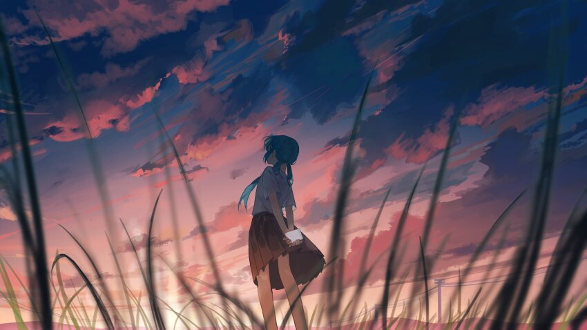 1girl absurdres black_skirt blue_hair blue_sky blurry blurry_foreground cloud commentary english_commentary from_behind gradient_sky grass hatsune_miku highres holding holding_letter letter mountainous_horizon official_art outdoors pink_sky pleated_skirt power_lines purple_sky short_sleeves skirt sky solo standing sunset twintails vocaloid wide_shot yoru_410