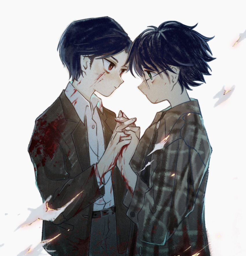 2boys bakabakalii belt black_belt black_hair black_jacket blood blood_on_clothes blood_on_face blood_on_hands collared_shirt glasses green_eyes grey_pants hair_between_eyes harry_potter harry_potter_(series) highres holding_hands interlocked_fingers jacket male_focus multiple_boys pants parted_bangs plaid_clothes plaid_jacket red_eyes shirt short_hair suit_jacket tom_marvolo_riddle upper_body white_background white_shirt wizarding_world yaoi