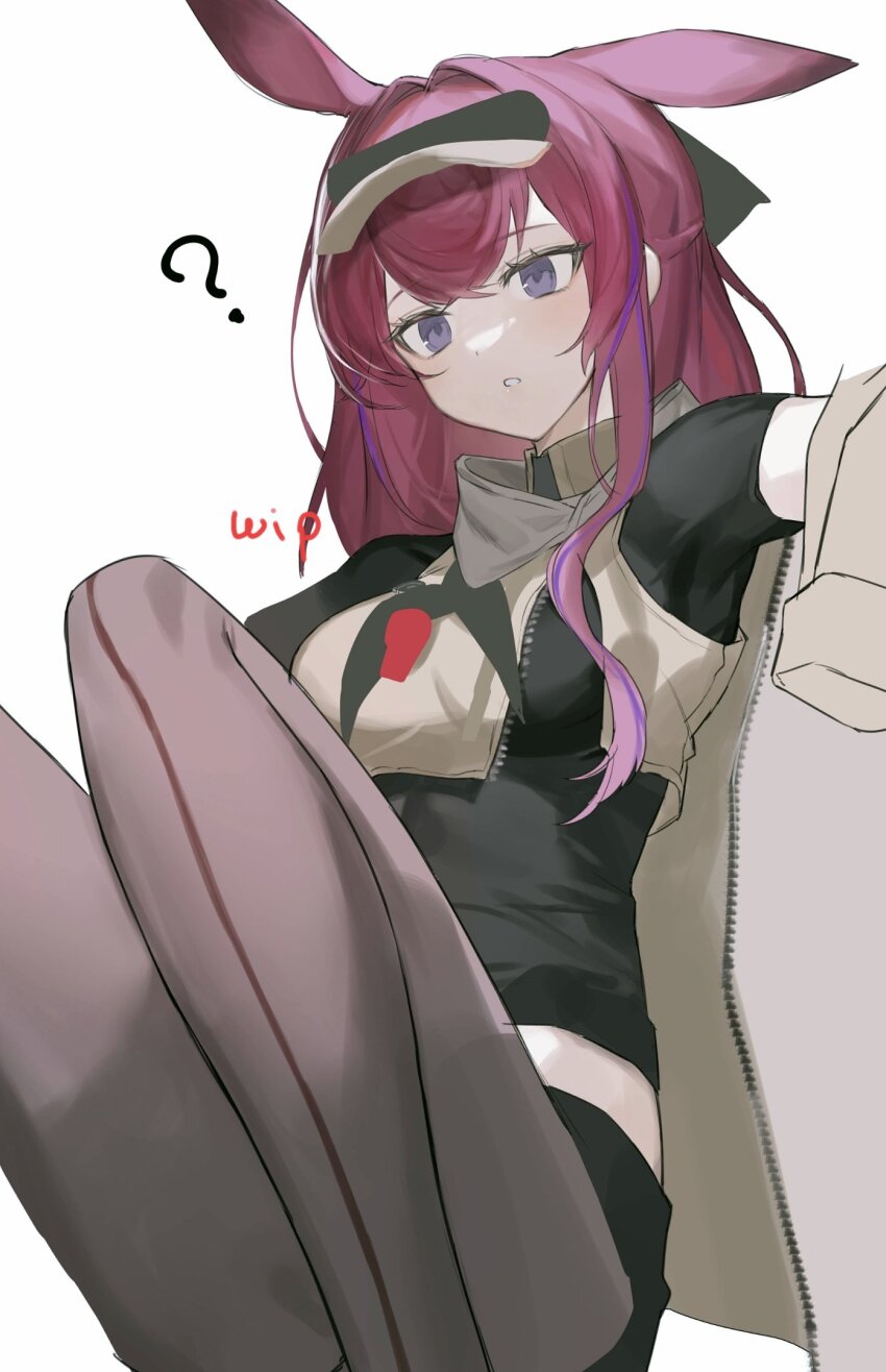 1girl 2naom8q6gt87292 ? arknights black_shirt brown_pantyhose commentary feet_out_of_frame hair_intakes highres long_hair looking_at_viewer multicolored_hair pantyhose parted_lips pink_hair purple_eyes purple_hair ray_(arknights) shirt short_sleeves simple_background single_ear_down solo streaked_hair unfinished visor_cap white_background