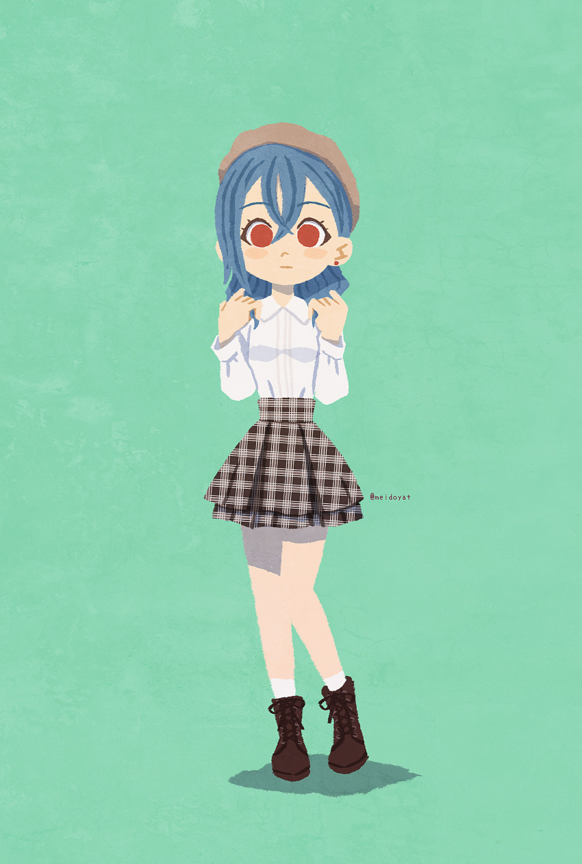 1girl :| absurdres beret blue_hair boots brown_boots brown_hat closed_mouth collared_shirt commentary_request cosplay crossed_bangs dress_shirt earrings expressionless full_body green_background hat highres jewelry lace-up_boots layered_skirt long_hair long_sleeves love_live! love_live!_superstar!! meidosan miniskirt ookuma_wakana ookuma_wakana_(cosplay) orange_eyes plaid_clothes plaid_skirt shadow shirt simple_background skirt socks solo standing stud_earrings voice_actor_connection wakana_shiki white_shirt white_socks