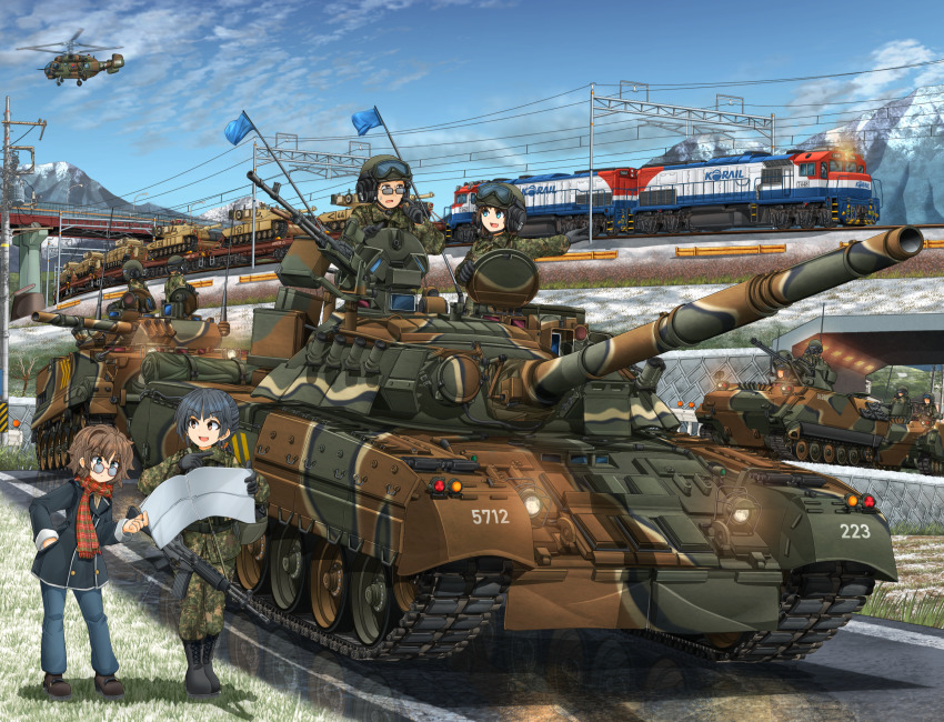 3boys 3girls assault_rifle black_gloves bmp-3 boots bridge brown_eyes brown_hair camouflage cloud combat_boots daewoo_k2 daewoo_k200 daewoo_k263 diesel_locomotive digital_camouflage fang flag flag_on_vehicle freight_train glasses gloves goggles goggles_on_headwear gun hatch headset helmet highres huge_filesize k263 kamov_ka-27 locomotive m1_abrams m2_bradley machine_gun map mask mikeran_(mikelan) military military_combat_uniform military_uniform military_vehicle motor_vehicle mountain multiple_boys multiple_girls original pointing radio_antenna railroad_tracks reflection republic_of_korea_army rifle road scarf shadow sky soldier sweatdrop t-80 t-80u tank train weapon