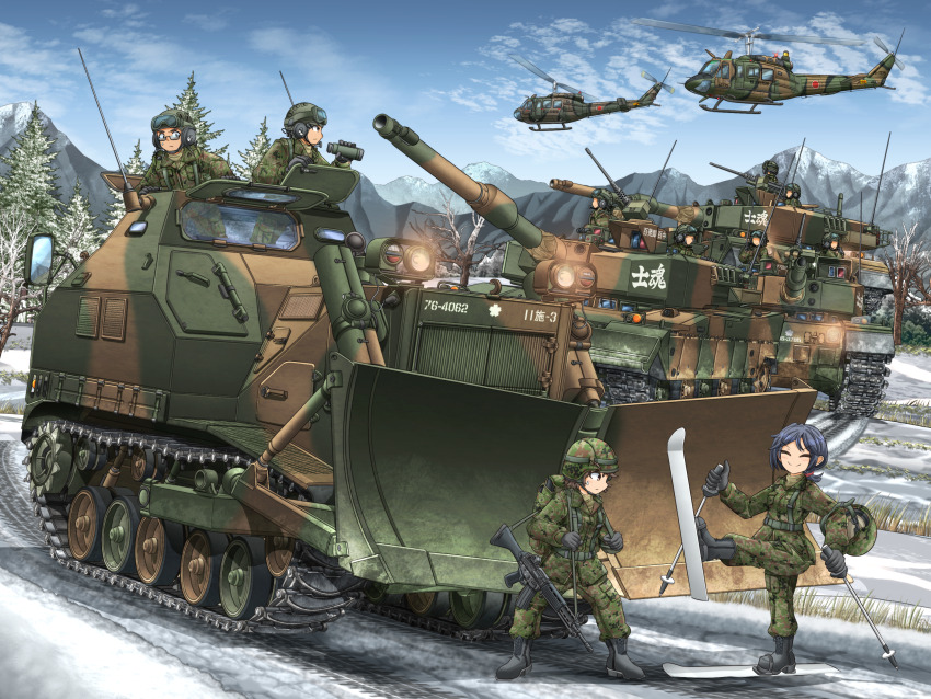 2boys 2girls 6+others aircraft assault_rifle backpack bag bare_tree black_footwear black_gloves blue_hair blue_sky boots brown_eyes brown_hair bulldozer camouflage camouflage_jacket camouflage_pants caterpillar_tracks closed_mouth cloud combat_boots combat_helmet commentary commentary_request day glasses gloves goggles goggles_on_headwear gun heavy_machine_gun helicopter helmet highres howa_type_89 jacket japan_ground_self-defense_force japan_self-defense_force leg_up legs_apart low_ponytail machine_gun mikeran_(mikelan) military military_combat_uniform military_uniform military_vehicle monocular motor_vehicle mountain multiple_boys multiple_girls multiple_others original outdoors pants partial_commentary ponytail radio_antenna rifle road semi-rimless_eyewear skis sky smile snow soldier standing sweatdrop tank tank_helmet tree type_75_dozer type_90_(tank) uh-1_iroquois under-rim_eyewear unworn_headwear v-shaped_eyebrows vehicle_focus weapon winter