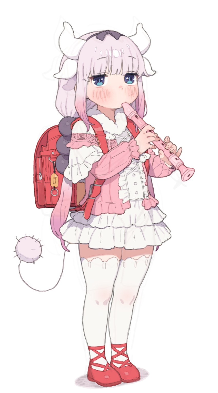 1girl absurdres backpack bag beads blue_eyes commentary_request dragon_girl dragon_horns dragon_tail flute full_body hair_beads hair_ornament highres horns instrument kanna_kamui kobayashi-san_chi_no_maidragon long_hair looking_at_viewer music playing_instrument possummachine randoseru recorder red_bag red_shoes shoes simple_background solo standing tail thighhighs white_background white_thighhighs