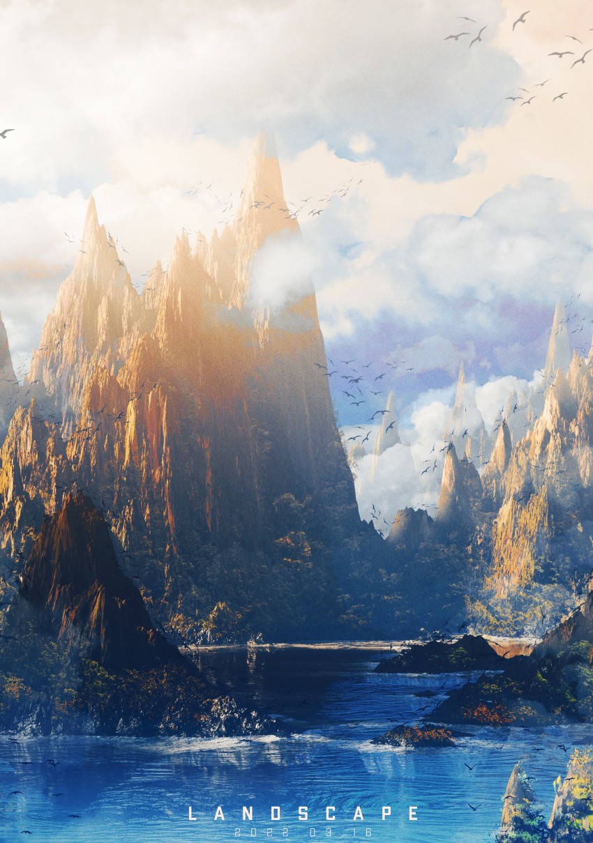 3d absurdres bird blender_(medium) blue_sky cloud cloudy_sky commentary_request day grass highres horizon lake landscape mountain mountainous_horizon nature no_humans original outdoors reiya_mof scenery sky tagme wide_shot