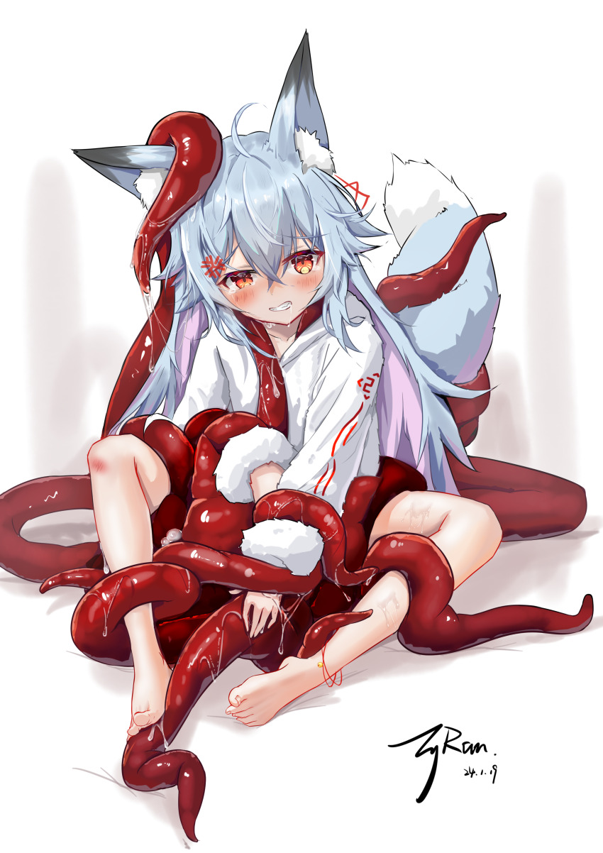 1girl absurdres animal_ear_fluff animal_ears arm_grab bare_legs barefoot blue_hair bound bound_wrists drooling fox_ears fox_girl fox_tail full_body fur-trimmed_sleeves fur_trim highres hood hood_down hoodie light_blue_hair long_hair long_sleeves lyran mucus multicolored_hair orange_eyes original pink_hair restrained saliva sitting slimy tail tears tentacle_around_neck tentacles tentacles_under_clothes two-tone_hair white_hoodie