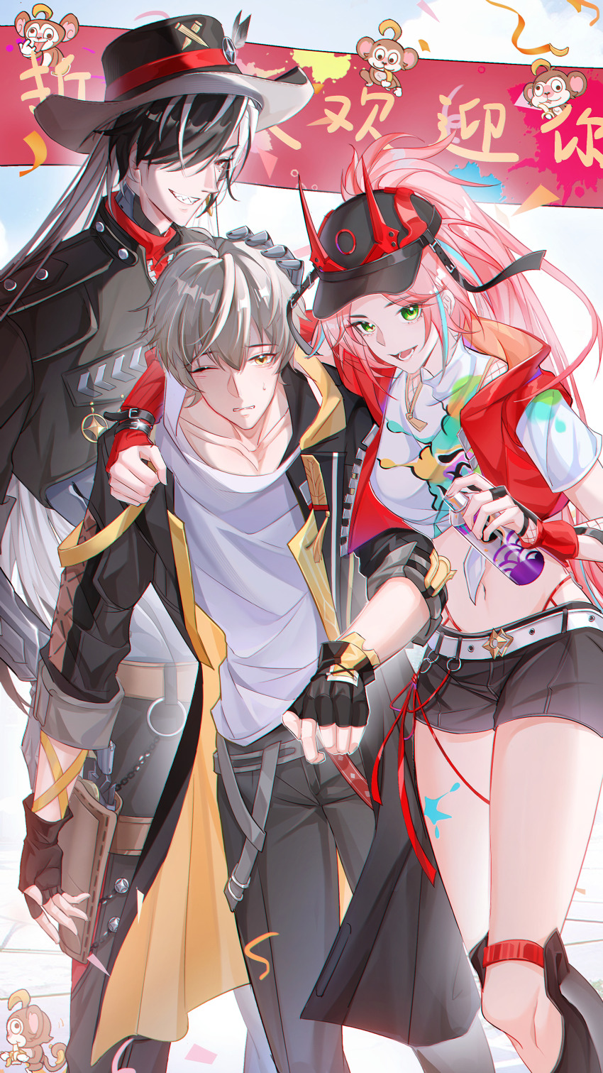 1girl 2boys absurdres belt black_gloves black_hat black_jacket black_pants black_shorts boothill_(honkai:_star_rail) caelus_(honkai:_star_rail) chinese_text cowboy_hat crop_top fingerless_gloves gloves green_eyes grey_hair hair_over_one_eye hat highres holding_spray_can honkai:_star_rail honkai_(series) jacket long_sleeves midriff monkey multicolored_hair multiple_boys navel one_eye_closed pants pink_hair ponytail rappa_(honkai:_star_rail) red_eyes red_jacket sharp_teeth shenjudongmandabanban shirt shorts smile spray_can stomach teeth trailblazer_(honkai:_star_rail) two-tone_hair white_belt white_hair white_shirt yellow_eyes
