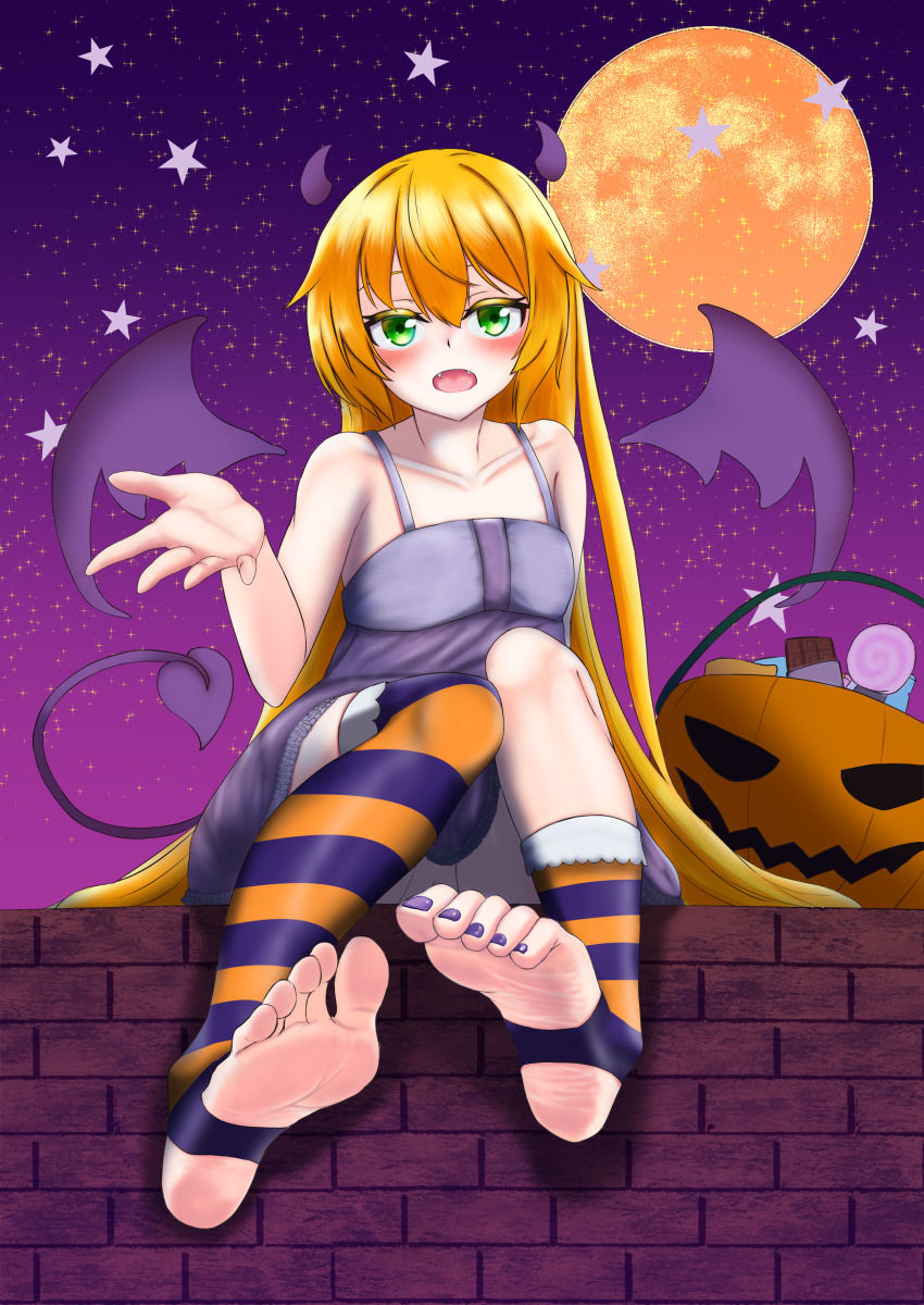 1girl absurdres asymmetrical_legwear barefoot blonde_hair blush demon_tail demon_wings feet green_eyes halloween highres long_hair looking_at_viewer open_mouth soles stirrup_legwear striped_clothes striped_thighhighs tail thighhighs toeless_legwear toes wings yaten_cross