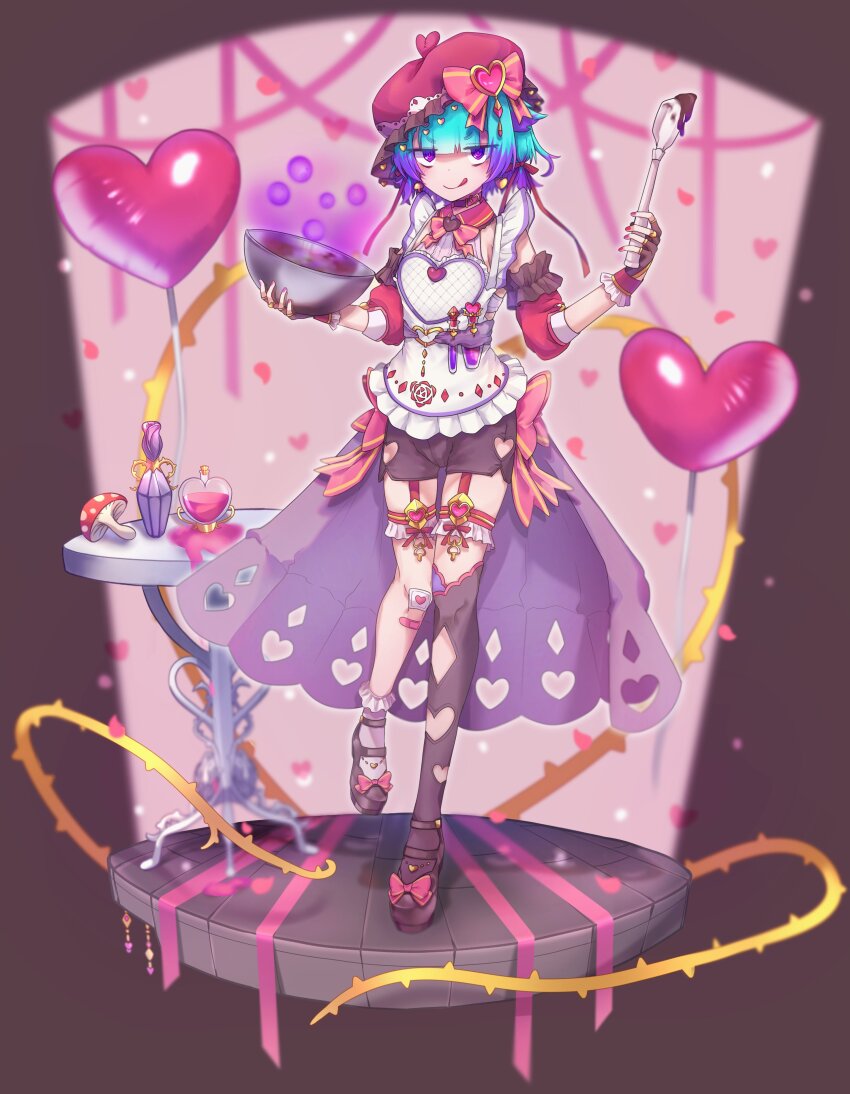 1girl absurdres alternate_costume apron asymmetrical_legwear balloon bandaid bandaid_on_knee bandaid_on_leg black_gloves black_shoes black_shorts black_thighhighs blush bow bowl chocolate commentary detached_sleeves fate/grand_order fate_(series) fingerless_gloves footwear_bow frilled_socks frills garter_straps gloves green_hair hat heart_balloon highres holding holding_bowl holding_spatula kibinago_(kibinago614) licking_lips locusta_(fate) mary_janes mismatched_legwear multicolored_hair mushroom pink_bow pink_hat purple_eyes purple_hair red_nails shoes shorts smile socks solo spatula thighhighs tongue tongue_out two-tone_hair vial white_apron white_socks
