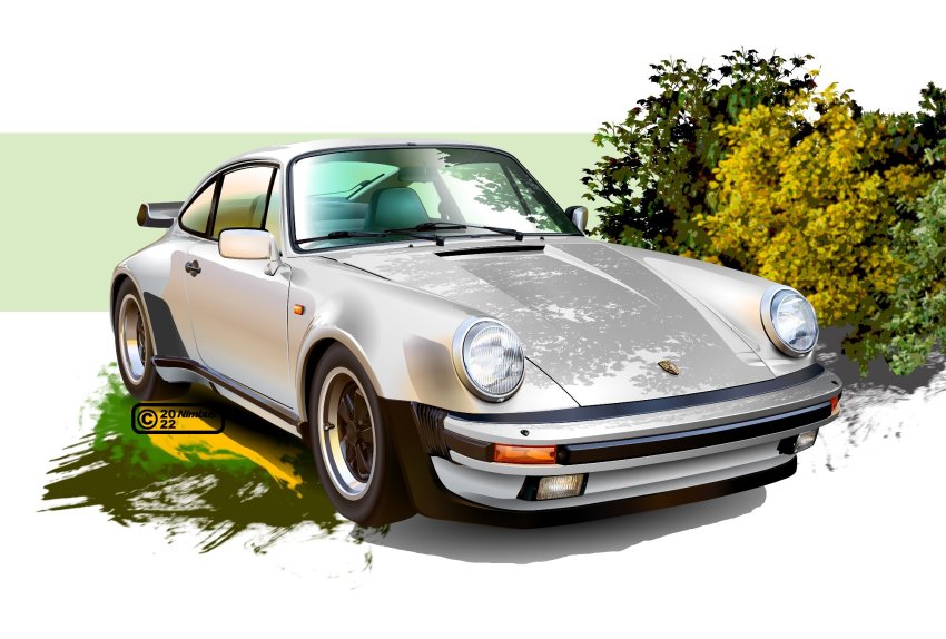 bush car highres motor_vehicle nimbus_goldbrum no_humans original photorealistic porsche porsche_911 porsche_930 realistic spoiler_(automobile) sports_car vehicle_focus wheel
