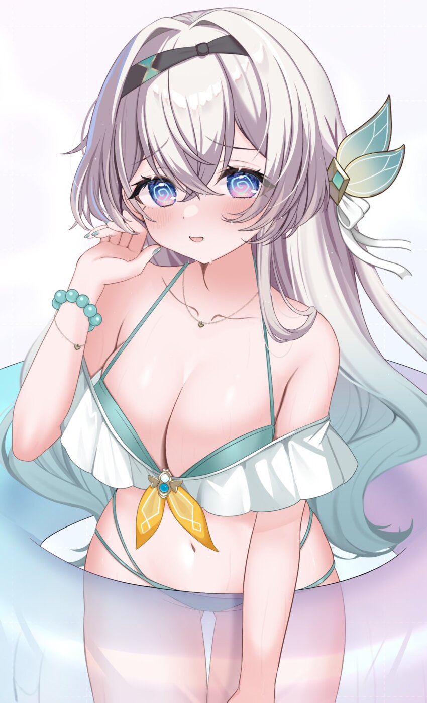 1girl @_@ aqua_bikini bead_bracelet beads bikini bikini_day black_hairband blush bracelet breasts cleavage firefly_(honkai:_star_rail) frilled_bikini_top gradient_eyes green_pupils grey_hair hair_between_eyes hair_intakes hair_ornament hair_ribbon hairband highres holding_tube honkai:_star_rail honkai_(series) jewelry large_breasts long_hair multicolored_eyes nail_polish oguraponti open_mouth ribbon simple_background solo swimsuit tube two-tone_eyes white_background white_ribbon