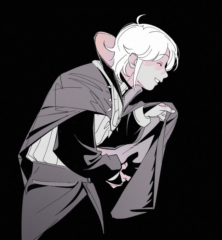 1boy ^_^ black_background cape closed_eyes fire_emblem fire_emblem_awakening from_side greyscale grin hair_behind_ear henry_(fire_emblem) highres holding long_sleeves male_focus monochrome mystical_high_collar nintendo profile robodumpling shirt shirt_tucked_in simple_background sleeve_cuffs smile solo teeth
