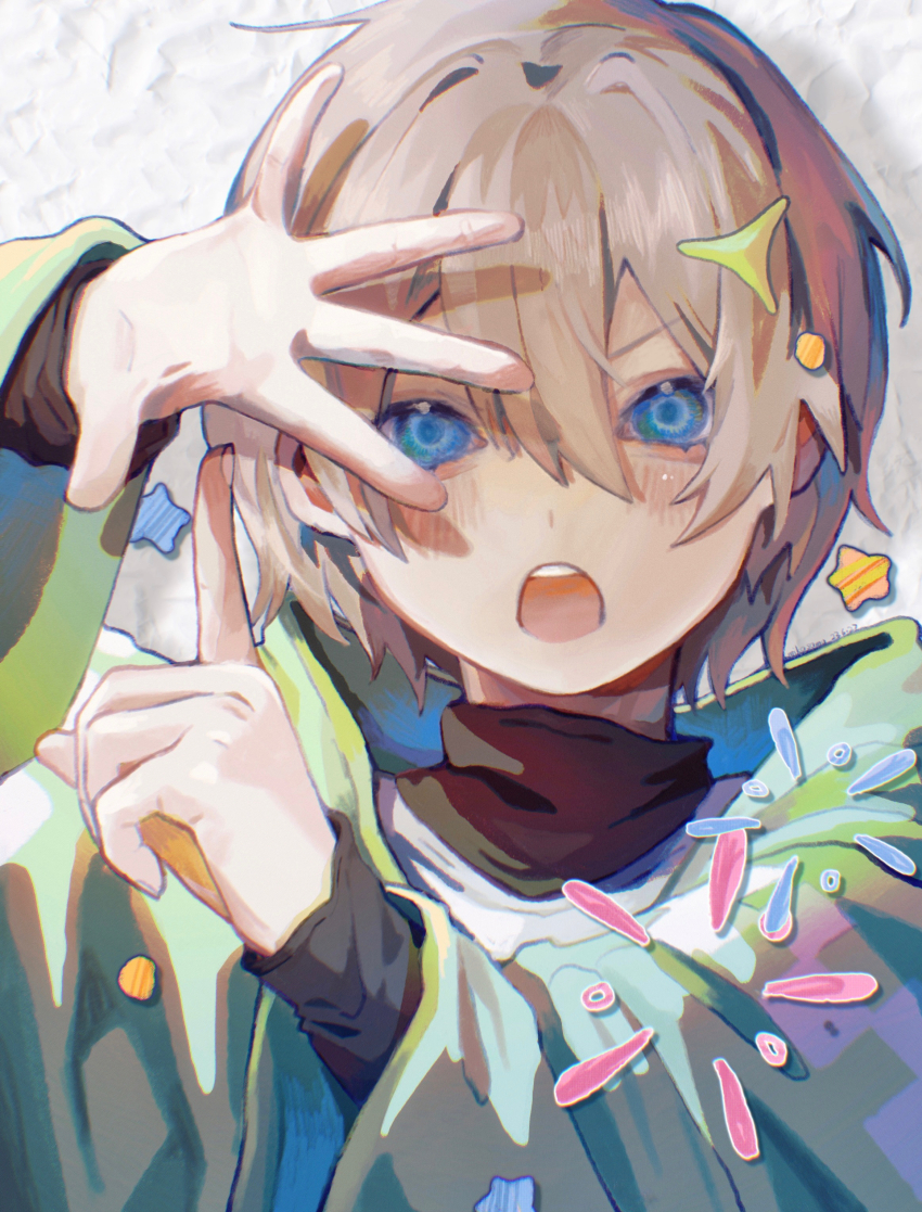 1boy absurdres black_shirt blue_eyes blush brown_hair green_jacket hair_between_eyes hair_ornament hands_up highres hood jacket long_sleeves looking_at_viewer mikasamu open_mouth pointing shirt short_hair solo tamaya_(chinozo) teeth turtleneck upper_body upper_teeth_only vocaloid